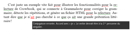 Exemple d'utilisation de Crowbook pour la relecture, en utilisant Grammalecte pour la correction grammaticale et en soulignant les répétitions en plus